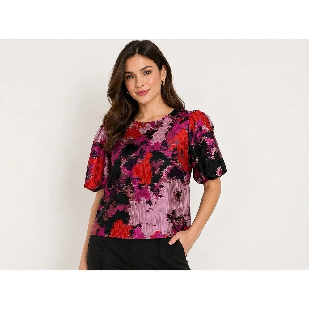 NWOT Tuckernuck Pomander Place Red Pink Jacquard‎ Lyla Blouse Med Classy Elegant